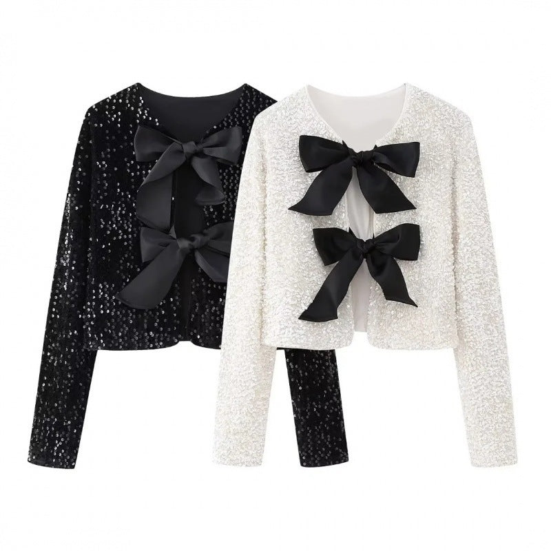 Women Sequin Cropped Jacket with Open Front Panels and Large Satin Ribbons Fashion Glam