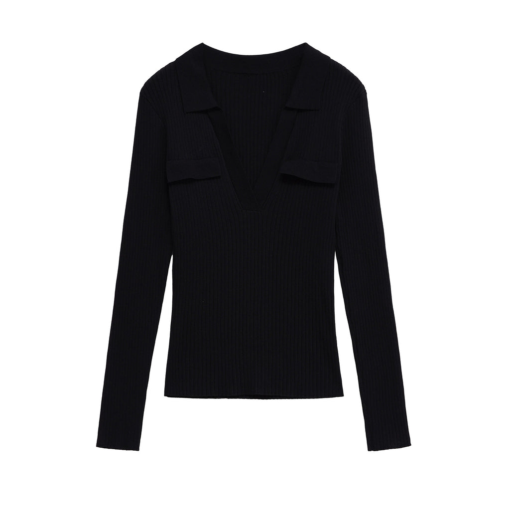Women Ribbed Fine Knit Polo with Deep V-Neck and Chest Pockets Fashion Glam
