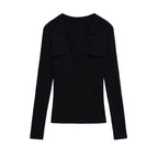 Women Ribbed Fine Knit Polo with Deep V-Neck and Chest Pockets Fashion Glam