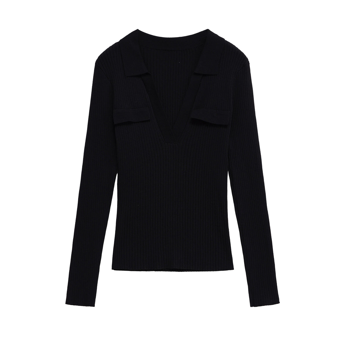 Women Ribbed Fine Knit Polo with Deep V-Neck and Chest Pockets Fashion Glam