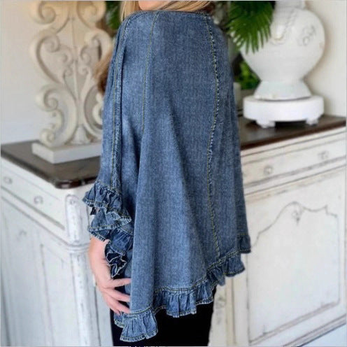 Women Oversized Jeans Kimono with Ruffle Edge and Open Fall Fashion Glam