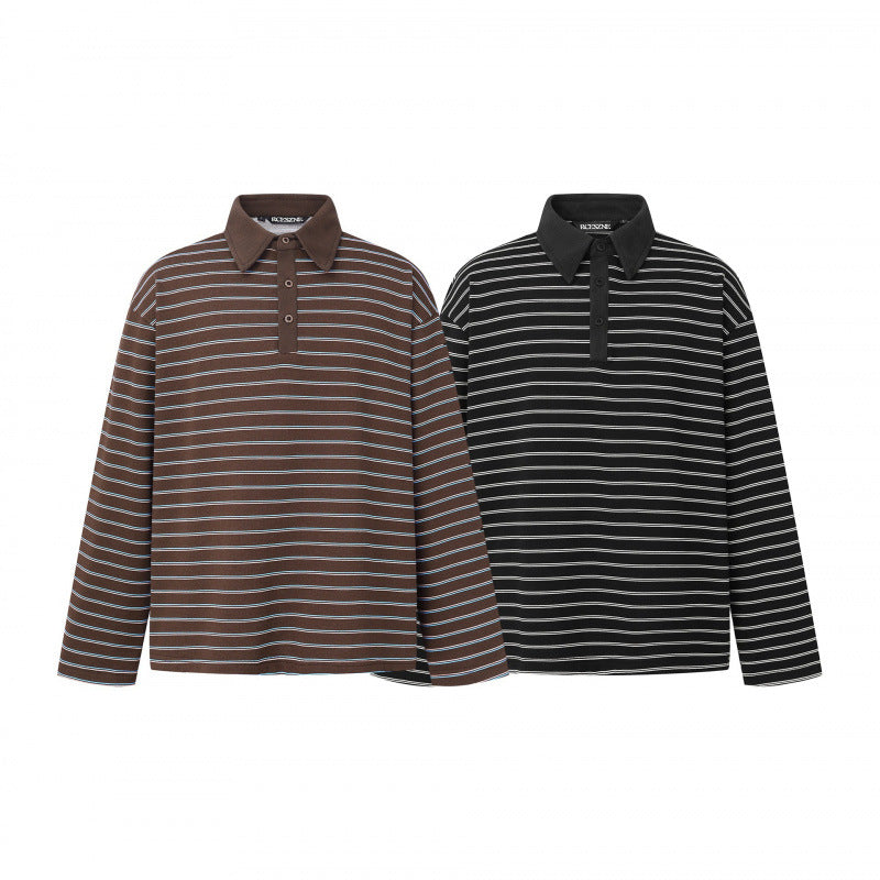 Unisex Long Sleeve Polo Shirt in Oversized Cut made from Cotton Jersey with Stripes and Henley Button Placket Fashion Glam