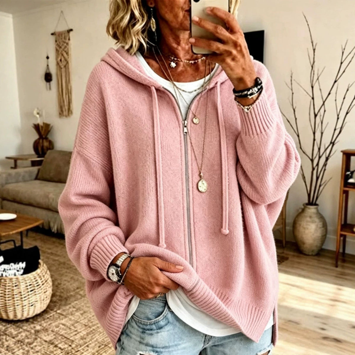 Women Oversize Hooded Zip Cardigan made of soft fine knit Fashion Glam