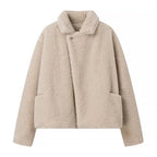 Women's Short Teddy Fleece Jacket with Lapel Collar and Side Pockets Fashion Glam
