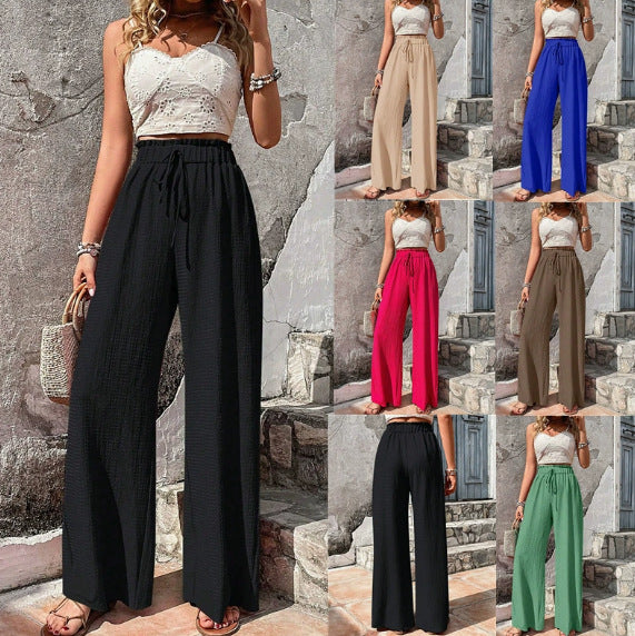 Women Lightweight Palazzo Pants with Crinkle Texture, High Smocked Waist and Drawstring Fashion Glam