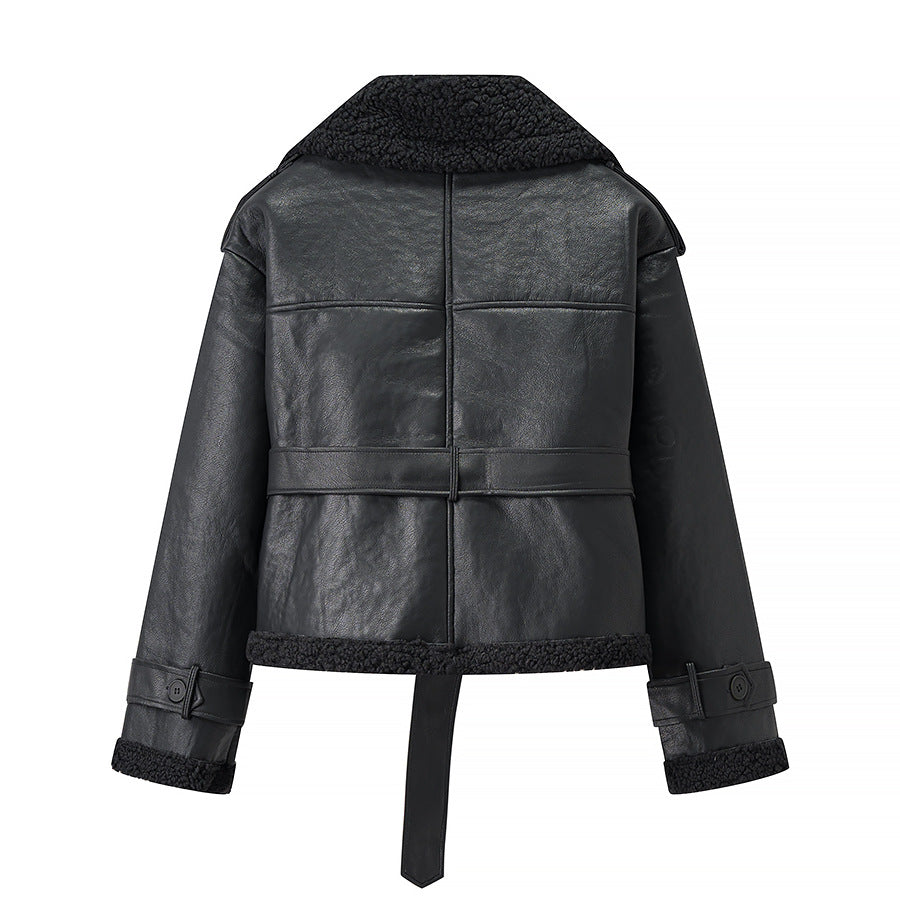 Women Short Sheepskin Imitation Flight Jacket with Waist Belt and Teddy Lining Fashion Glam