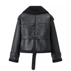 Women Short Sheepskin Imitation Flight Jacket with Waist Belt and Teddy Lining Fashion Glam