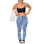Women High-Waist Cargo Jeans with multiple flap pockets and straight leg Fashion Glam