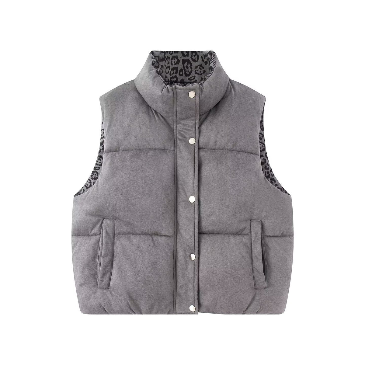 Women Padded Quilted Vest with High Stand-Up Collar and Leopard Print Lining Fashion Glam