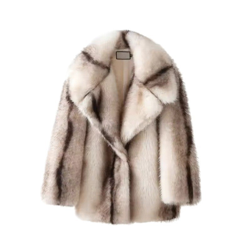 Women's Short Boxy Faux Fur Coat with Wide Shawl Collar and Luxurious High-Pile Texture Fashion Glam