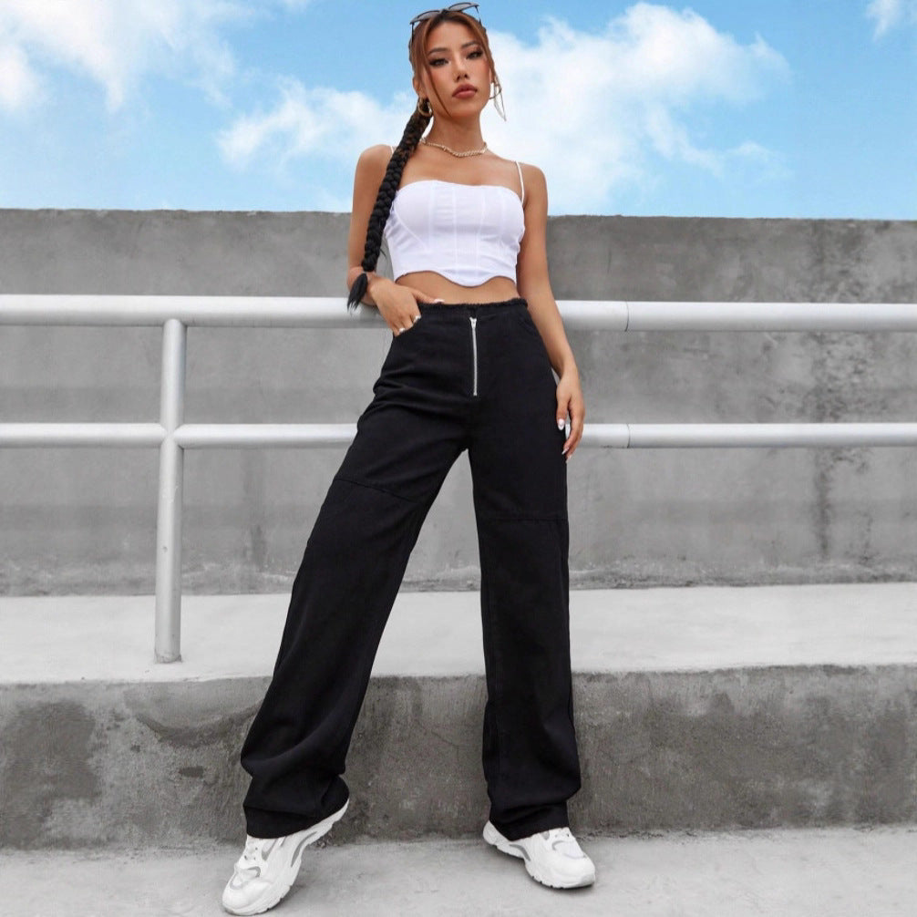 Women's High-Waisted Wide-Leg Jeans with Visible Front Zip, Knee Darts and Raw Hem Fashion Glam