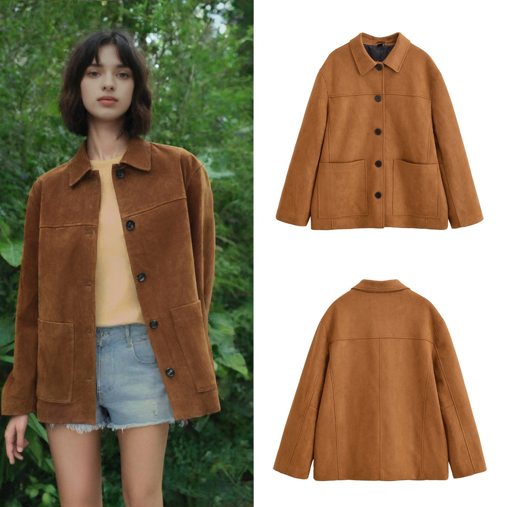 Women's Boxy Utility Jacket in Suede Look with Shirt Collar and Large Patch Pockets Fashion Glam