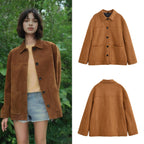 Women's Boxy Utility Jacket in Suede Look with Shirt Collar and Large Patch Pockets Fashion Glam