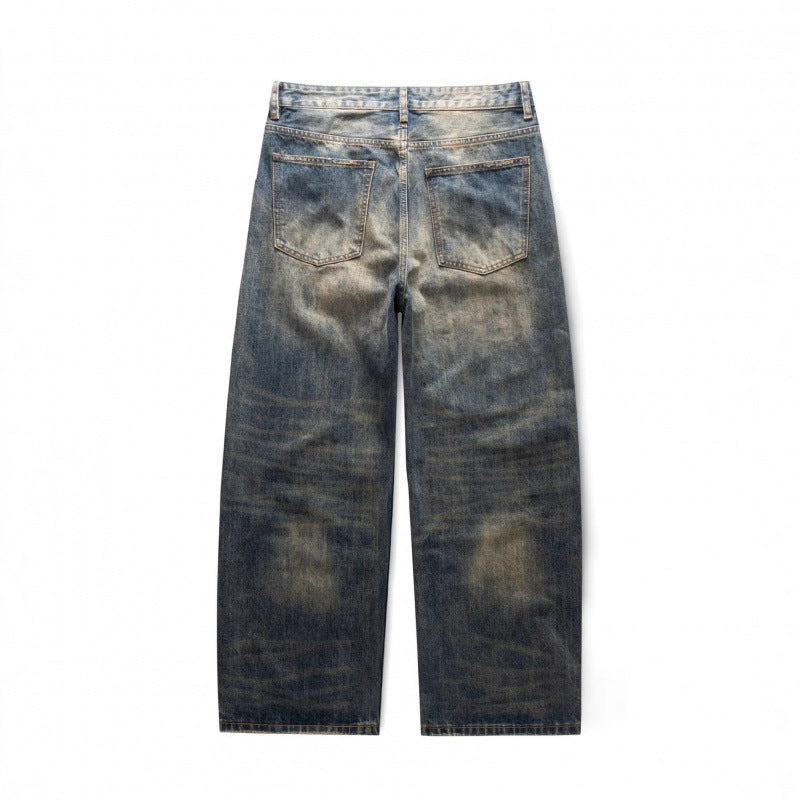 Men's Loose Straight Vintage Denim Jeans with Used Wash Fashion Glam