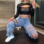 Ladies High-Waisted Baggy Jeans with Large Destruction Rips and Frayed Hem Fashion Glam