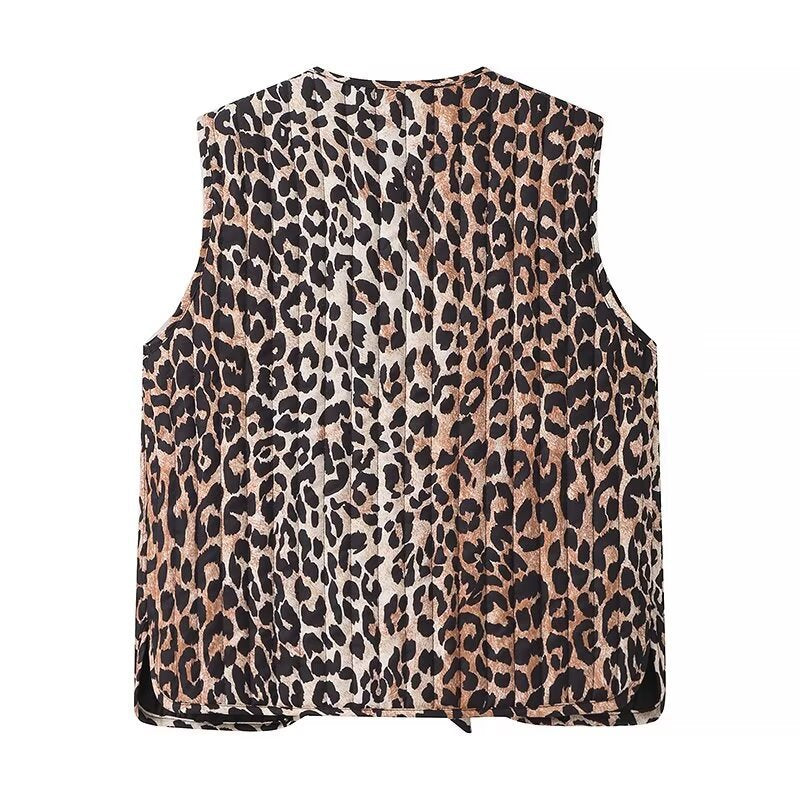 Women's Sleeveless Satin Blouse Top with Leopard Print and Double Bow Front Fashion Glam