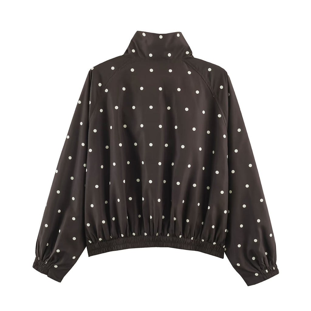 Women's Oversize Windbreaker with Dot Print, High Standing Collar and Elastic Hem Fashion Glam