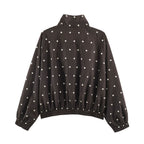 Women's Oversize Windbreaker with Dot Print, High Standing Collar and Elastic Hem Fashion Glam