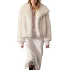 Women Cropped Faux Fur Jacket with XXL Lapel and Dense Long Pile Fashion Glam