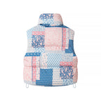 Women short cut quilted vest made of down imitation with stand-up collar, floral print and drawstring Fashion Glam