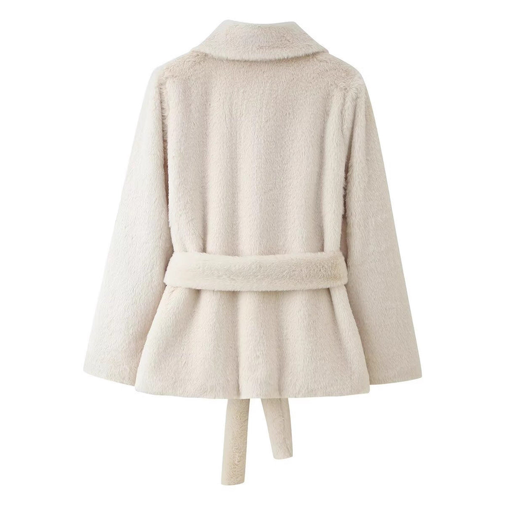 Women's short coat made of cuddly faux fur with shirt collar and tie belt Fashion Glam