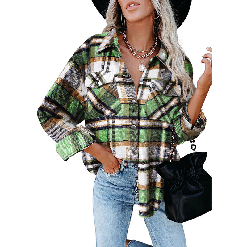 Women's Oversized Shirt Jacket in Checkered Flannel Look with Chest Pockets Fashion Glam