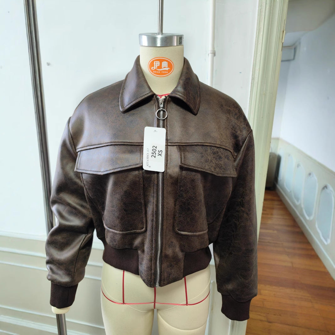 Women Short Cut Bomber Jacket made of Faux Leather with Large Flap Pockets Fashion Glam