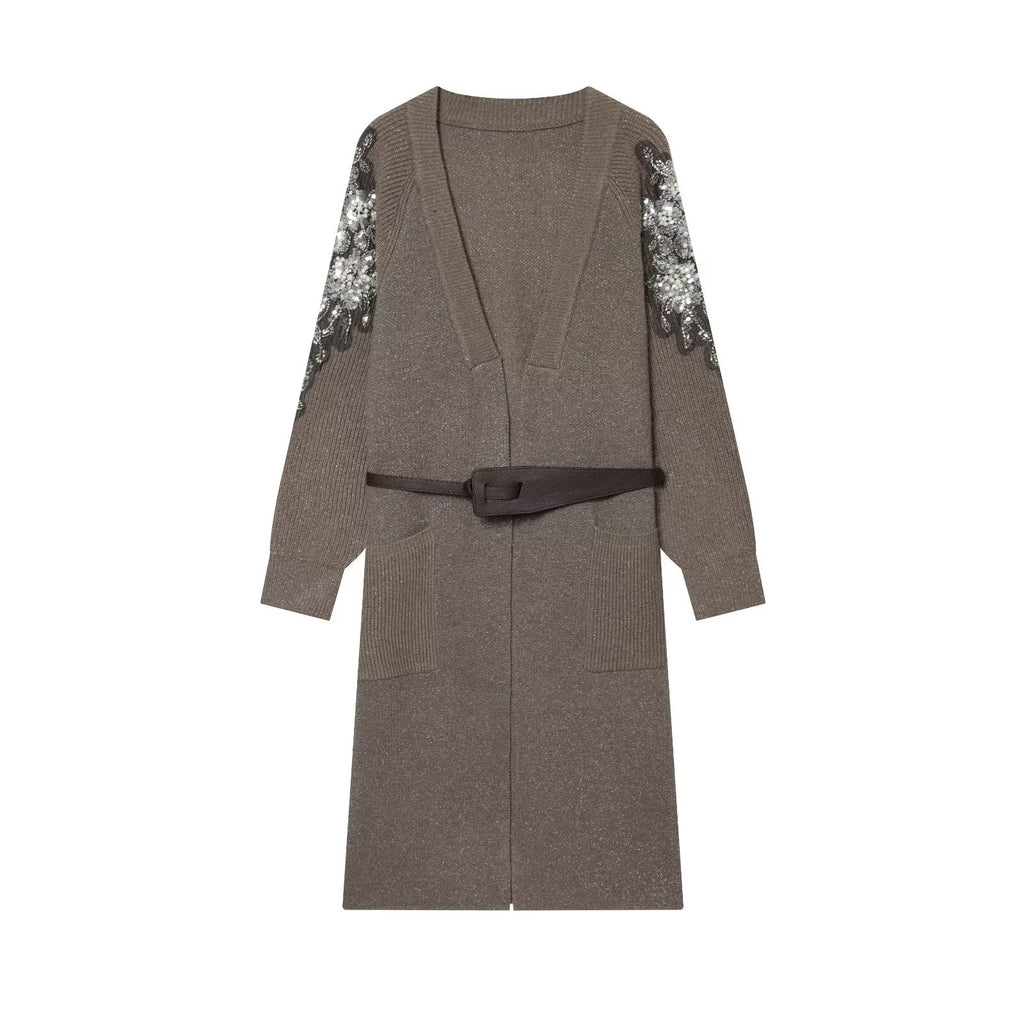 Women's Long Knit Coat-Cardigan with Waist Belt and Sequin Sleeves Fashion Glam