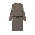 Women's Long Knit Coat-Cardigan with Waist Belt and Sequin Sleeves Fashion Glam