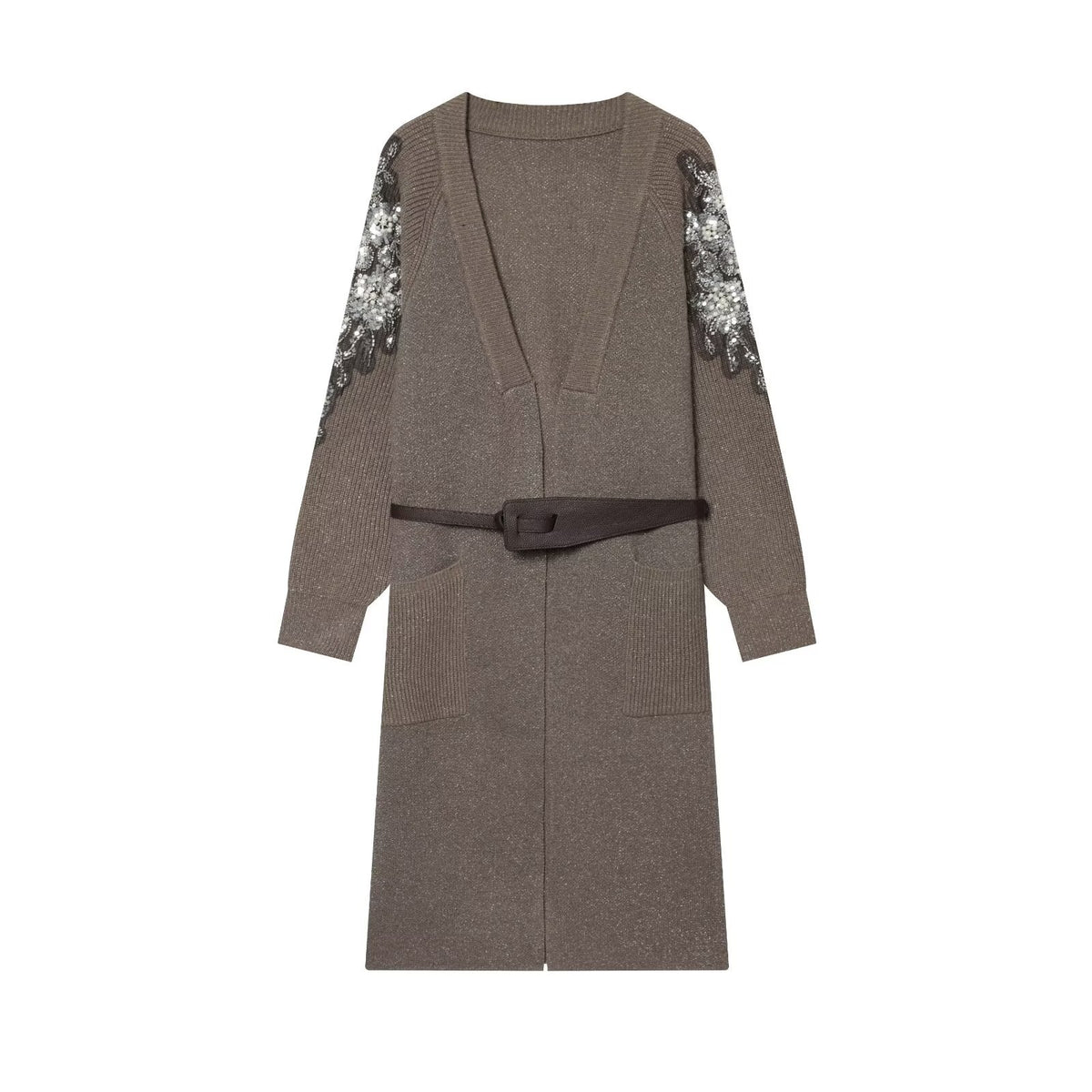 Women's Long Knit Coat-Cardigan with Waist Belt and Sequin Sleeves Fashion Glam
