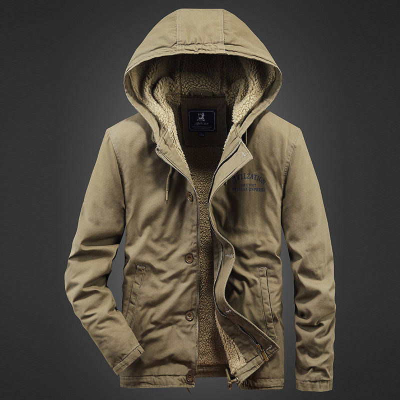 Men's Hooded Canvas Parka with Teddy Lining and Windproof Front Fashion Glam
