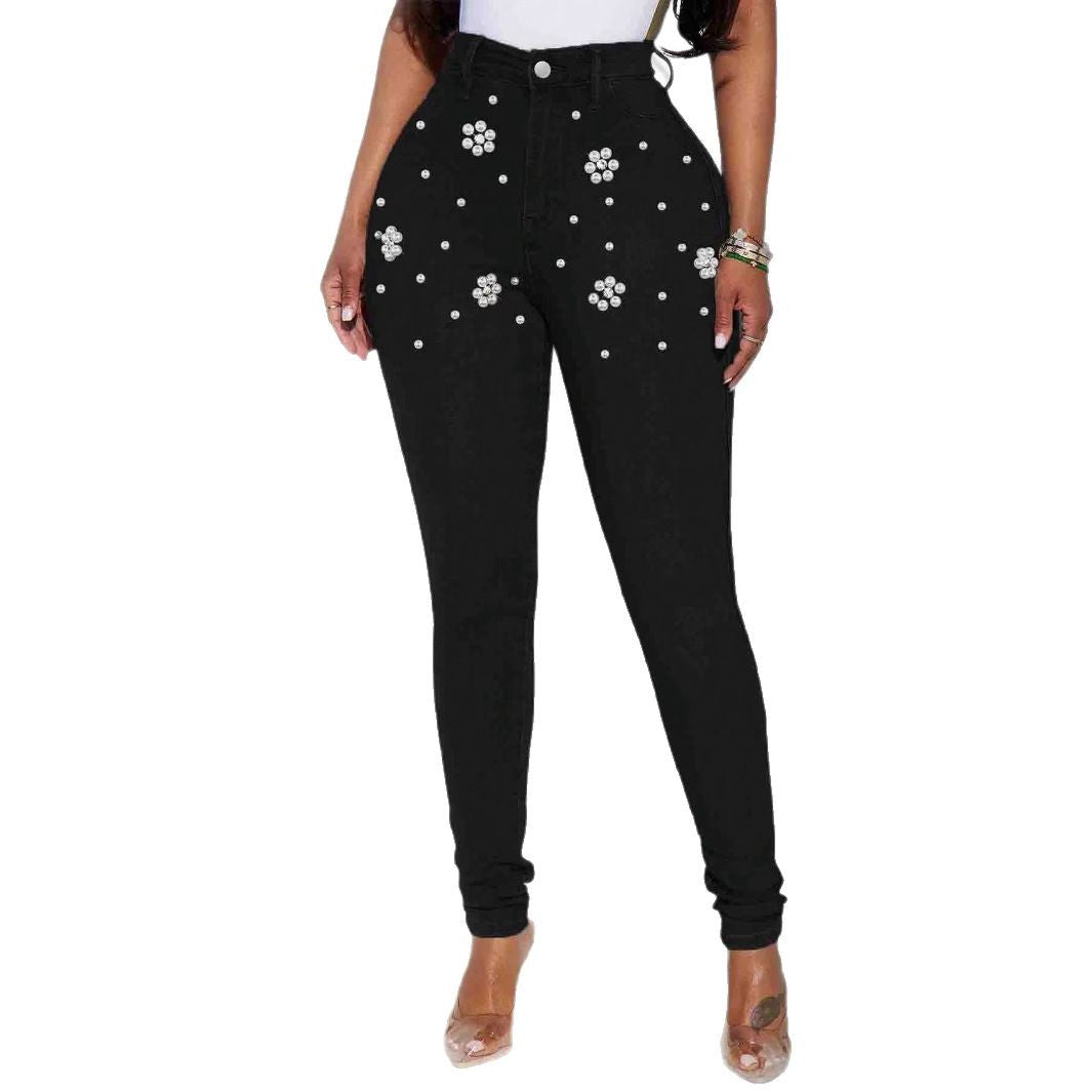 Women's High-Waisted Skinny Jeans with Pearl and Crystal Flower Decoration Fashion Glam