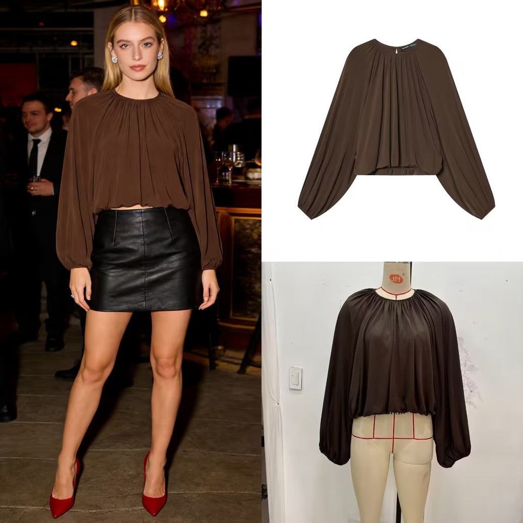 Ladies Pleated Oversized Blouse Shirt with Wide Balloon Sleeves Fashion Glam