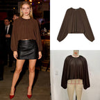 Ladies Pleated Oversized Blouse Shirt with Wide Balloon Sleeves Fashion Glam