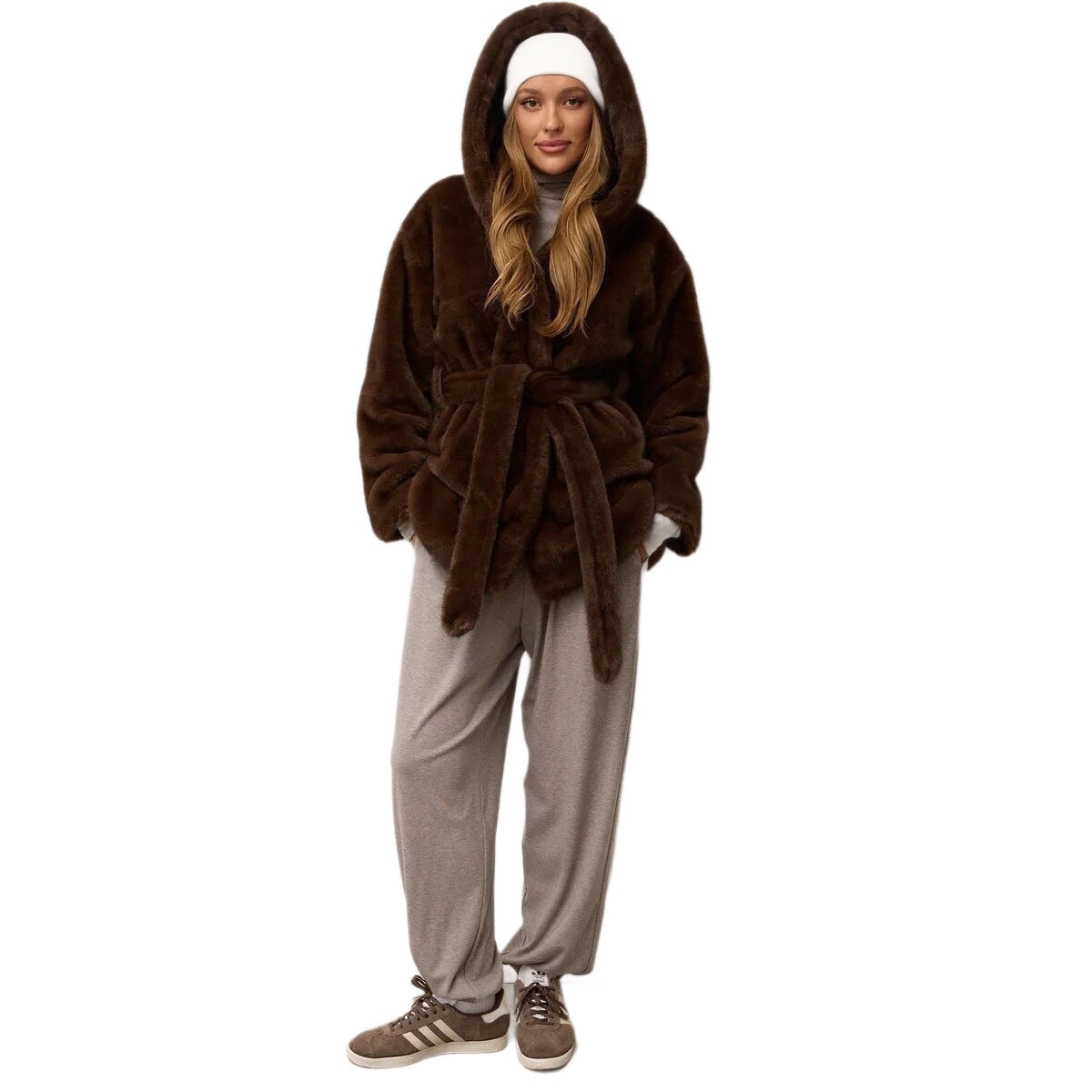 Women's Faux Fur Coat with Hood and Waist Belt Fashion Glam