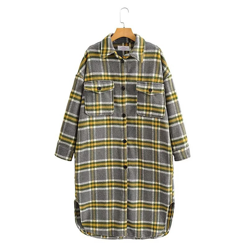 Women's Oversize Check Shirt Jacket in Longline Cut with Patch Chest Pockets Fashion Glam