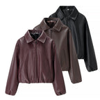 Women's Cropped Faux Leather Blouson with Shirt Collar, Elastic Hem and Zipper Fashion Glam
