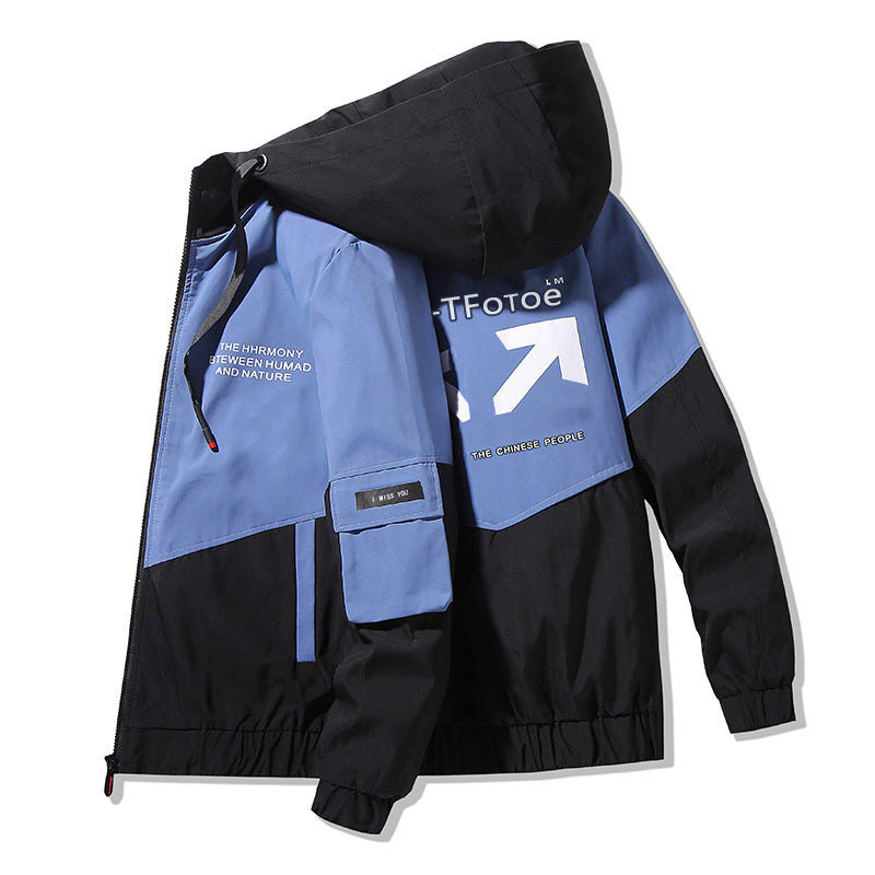 Men's Colorblock Hooded Utility Jacket with Print Details and Tactical Pockets Fashion Glam