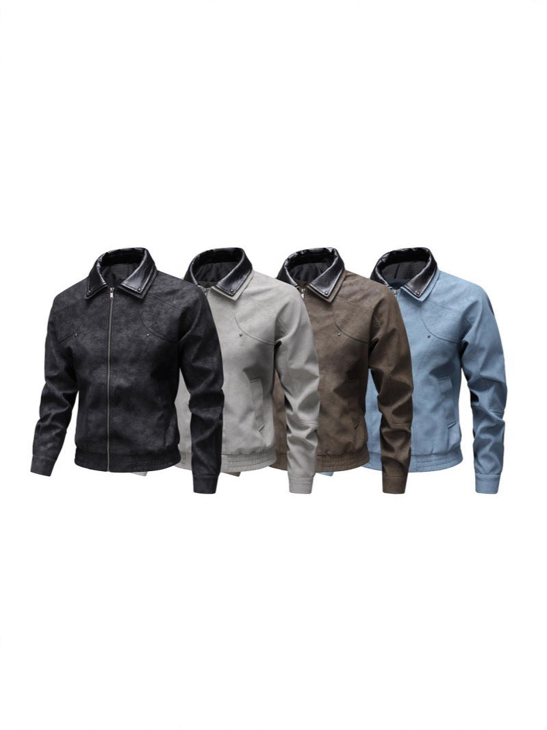 Men's Vintage-inspired Faux Leather Blouson Jacket with Contrast Collar Fashion Glam