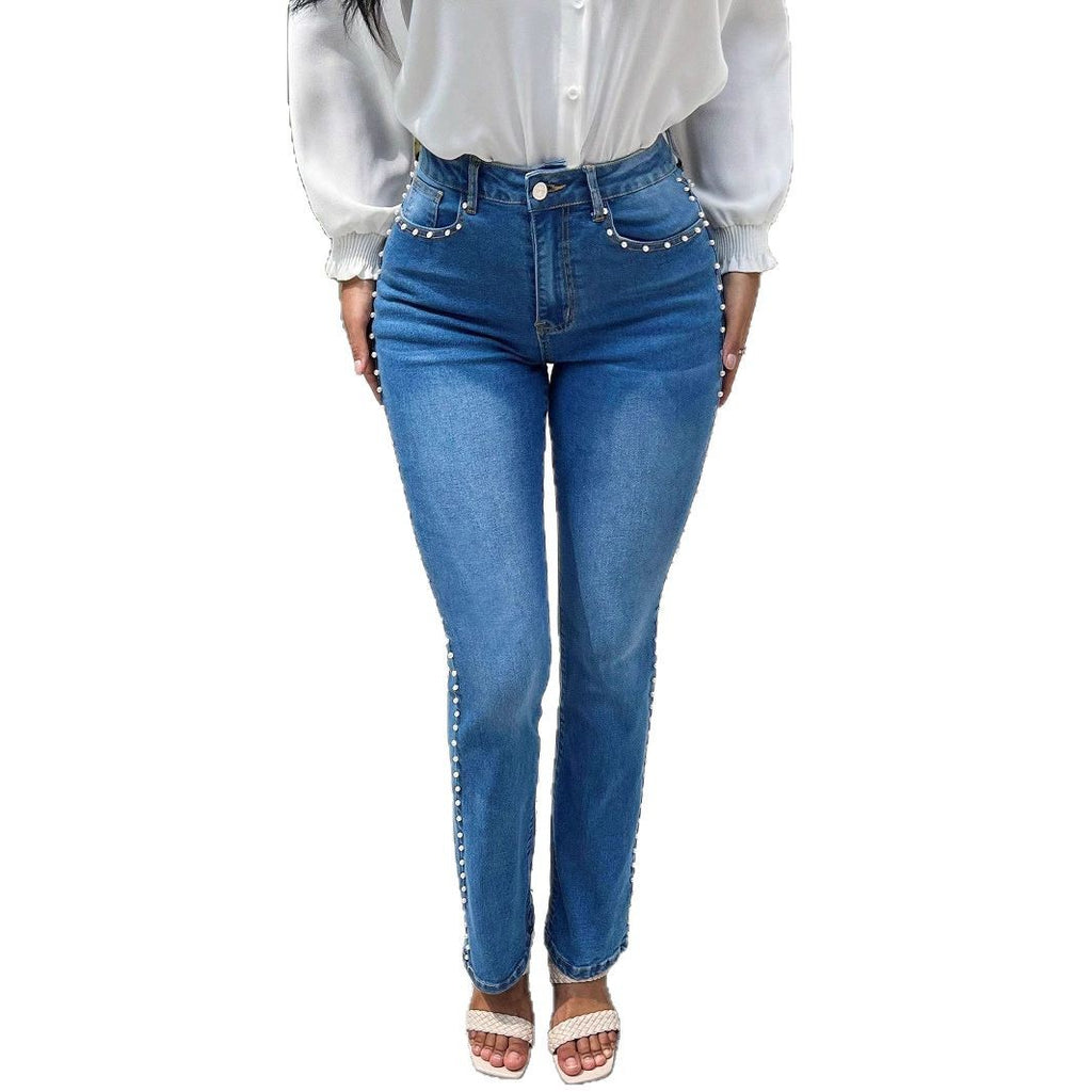 Ladies high-waisted slim jeans with pearl details on pockets and side seams Fashion Glam