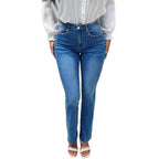 Ladies high-waisted slim jeans with pearl details on pockets and side seams Fashion Glam