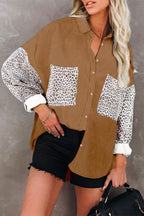 Ladies oversized shirt blouse with textured fabric and leopard print inserts Fashion Glam