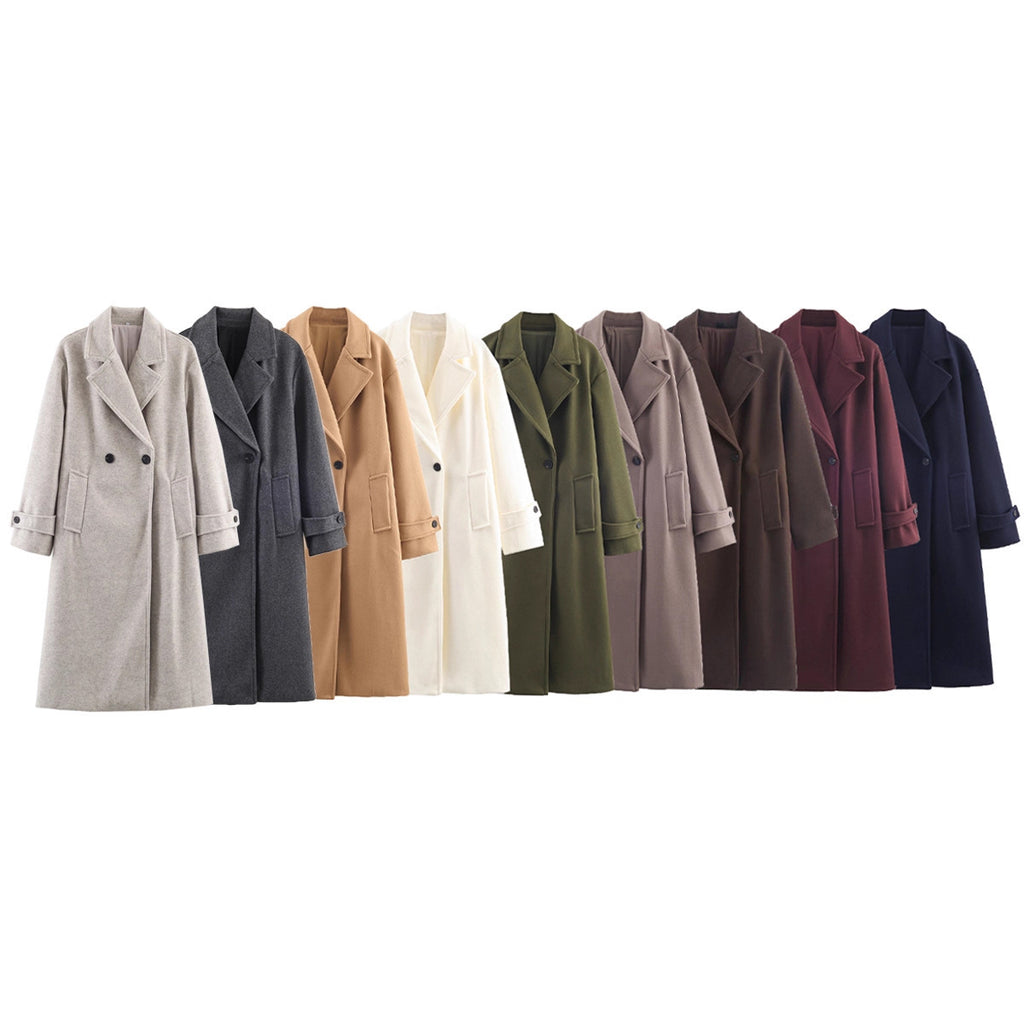 Women Oversized Wool Blend Coat with Double-Breasted Closure, Wide Lapels and Sleeve Tabs Fashion Glam