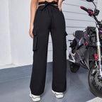 Women's utilitarian cargo pants with V-shaped waistband, wide leg, and cargo pockets Fashion Glam
