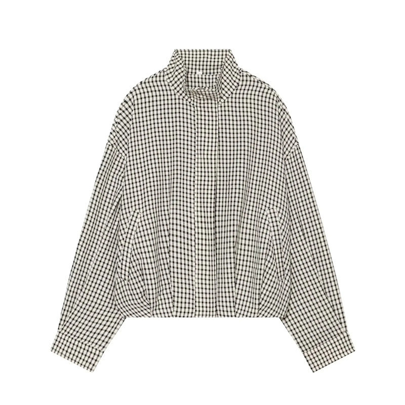 Women's short-cut boxy blouse in Vichy check with stand-up collar and elastic hem Fashion Glam