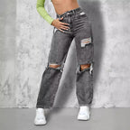 Ladies High-Waist Ripped Straight-Leg Jeans with Knee Cutouts and Used Wash Fashion Glam
