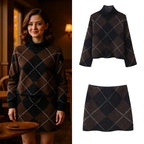 Women's Knit Set made of Turtle Neck Poncho and Mini Skirt with Argyle Pattern Fashion Glam