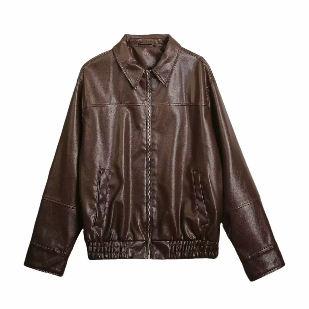 Women Boxy Faux Leather Blouson Jacket with Shirt Collar, Zipper and Elastic Hem Fashion Glam