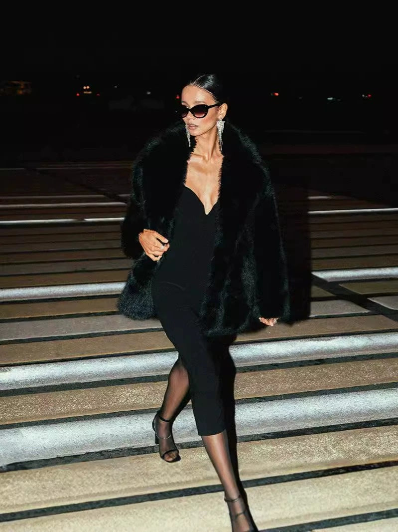 Ladies Short Luxurious Faux Fur Coat with Voluminous Shawl Collar and Boxy Silhouette Fashion Glam