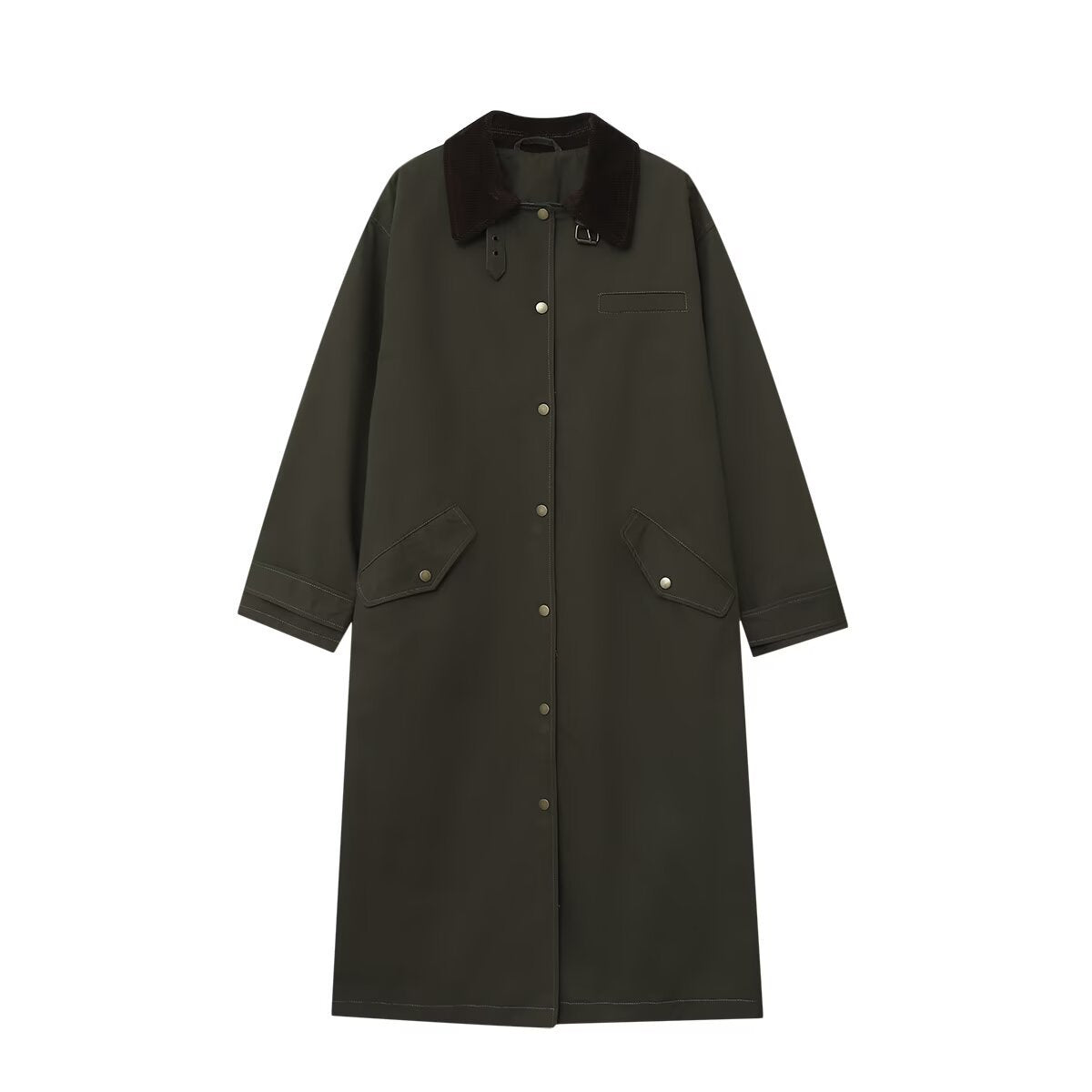 Women's long waterproof parka coat with cord collar and snap button placket Fashion Glam